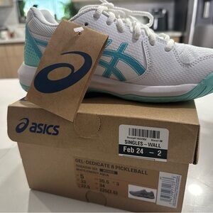 Asics Gel-Dedicate 8 White and Aqua Shoes